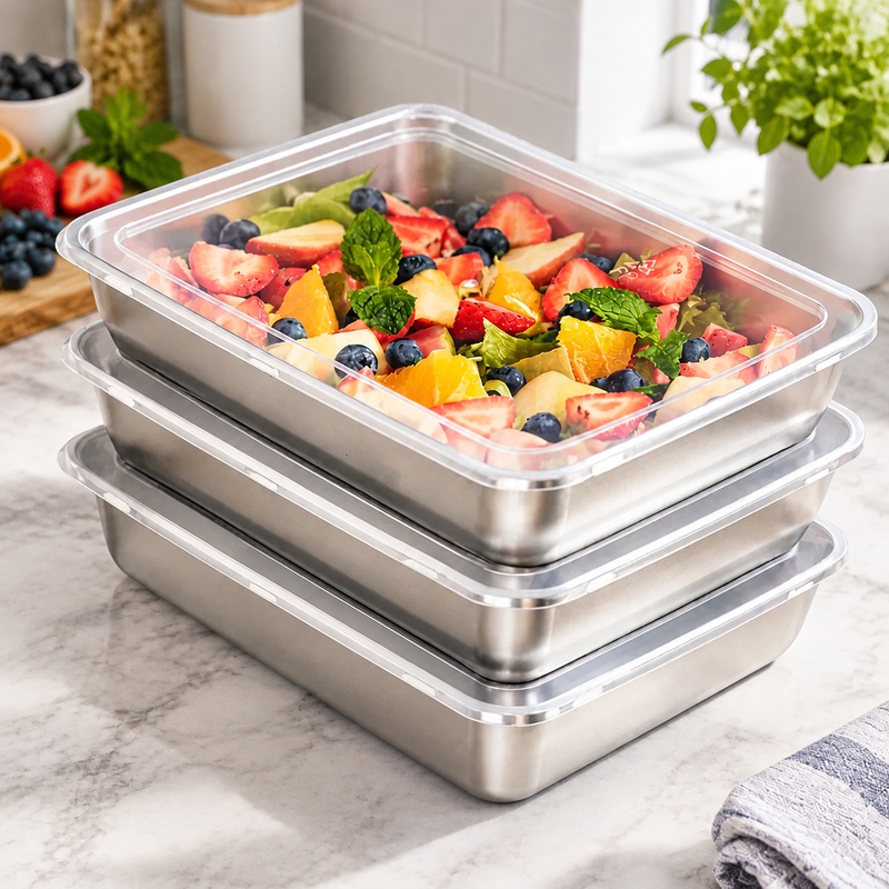 Food Storage Meals - Dreifach-Packung Edelstahl-Lebensmittelbehälter mit transparenten Deckeln, auslaufsicheres